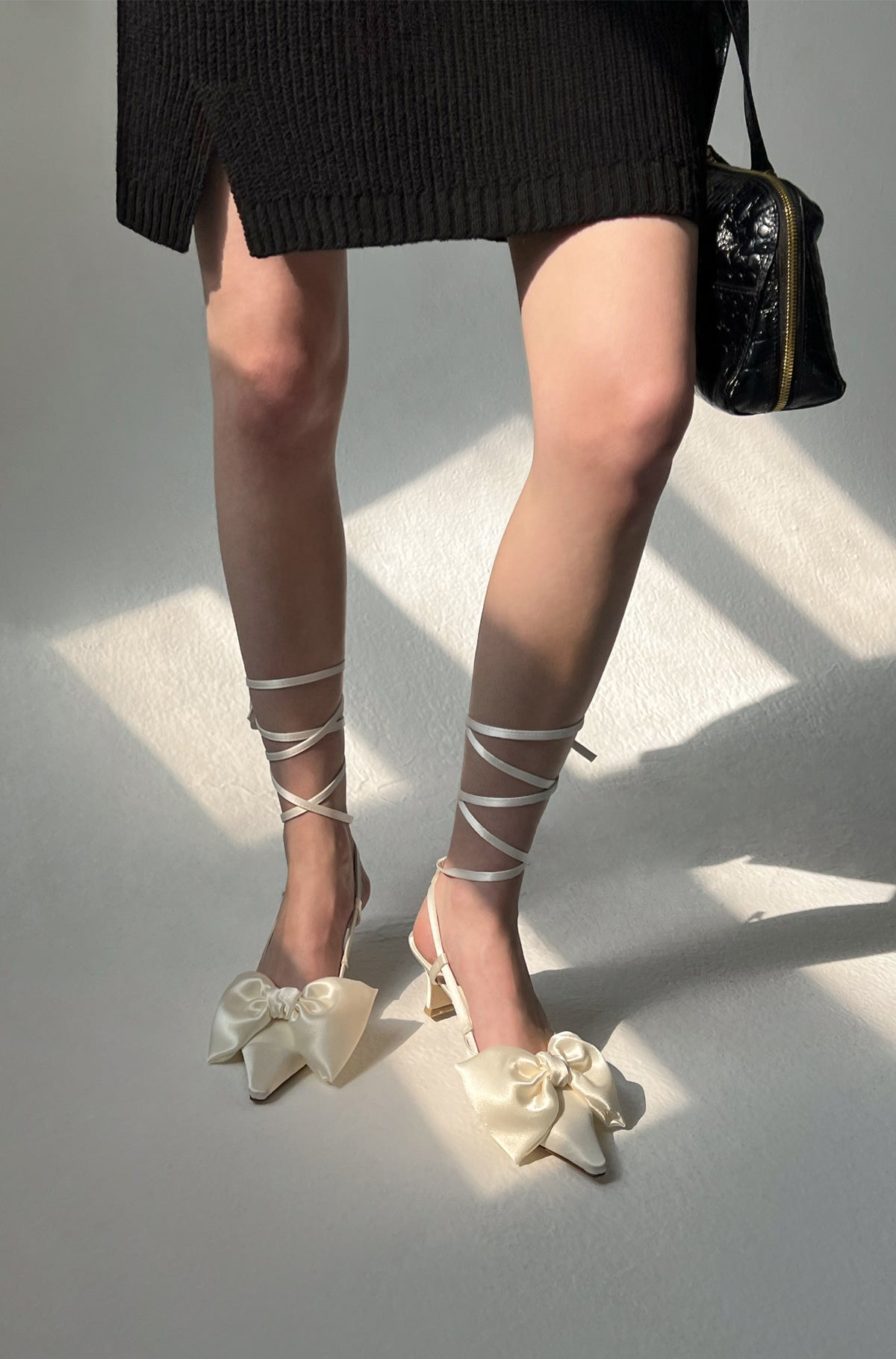 Ribbon Lace Up Slingback Satin - Ivory