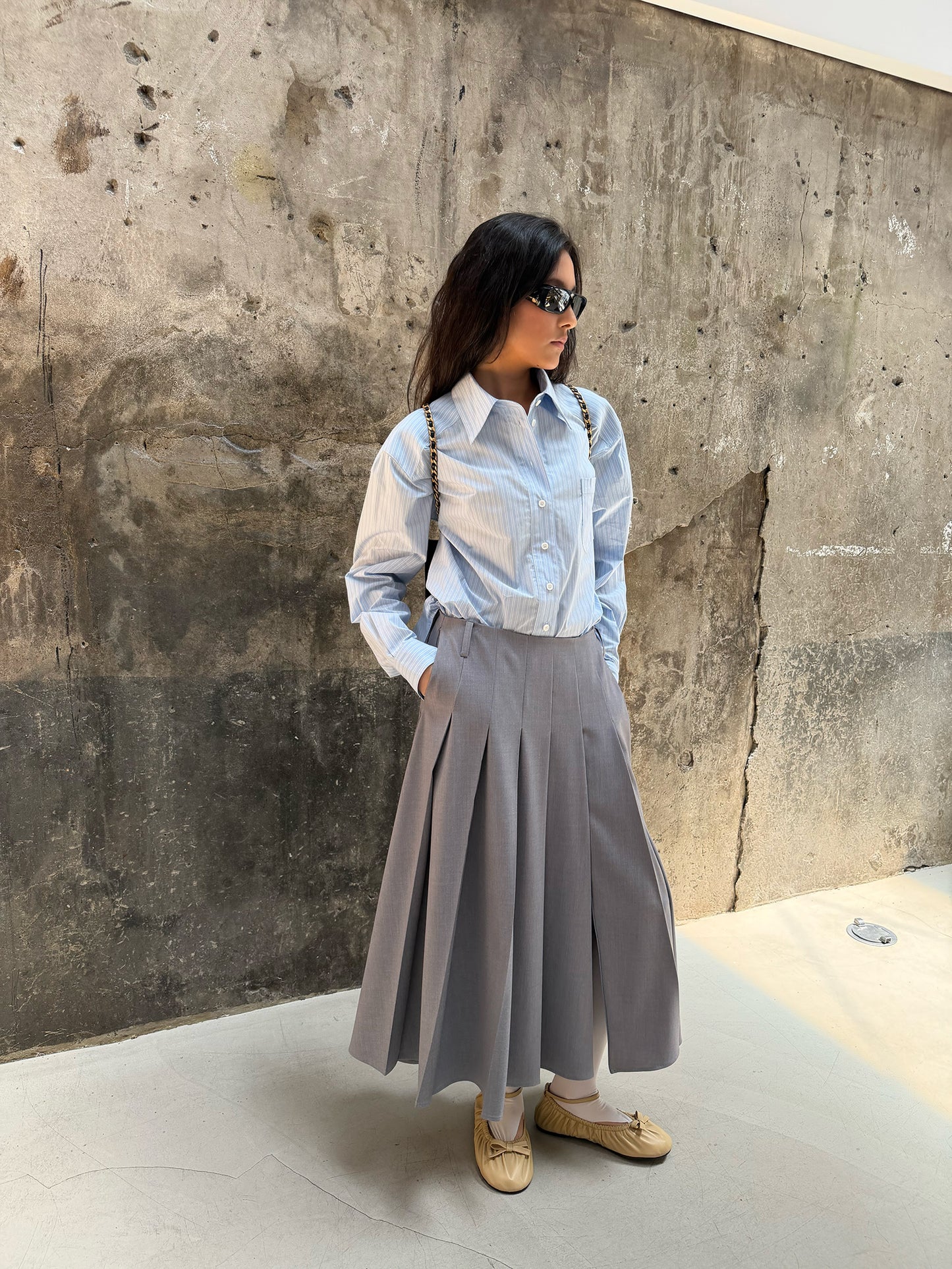 Pleated Uniform Midi Skirt - Preppy Gray