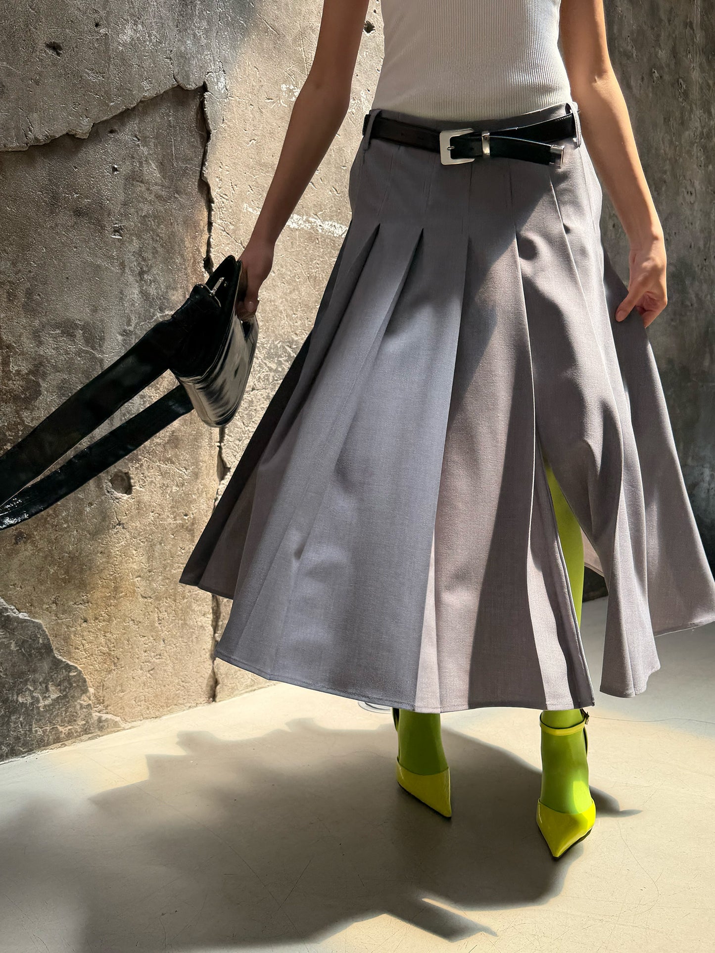 Pleated Uniform Midi Skirt - Preppy Gray