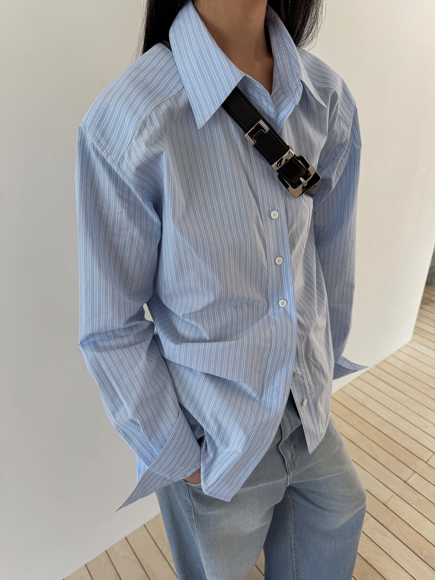 TIE BACK COTTON SHIRT - STRIPE BLUE