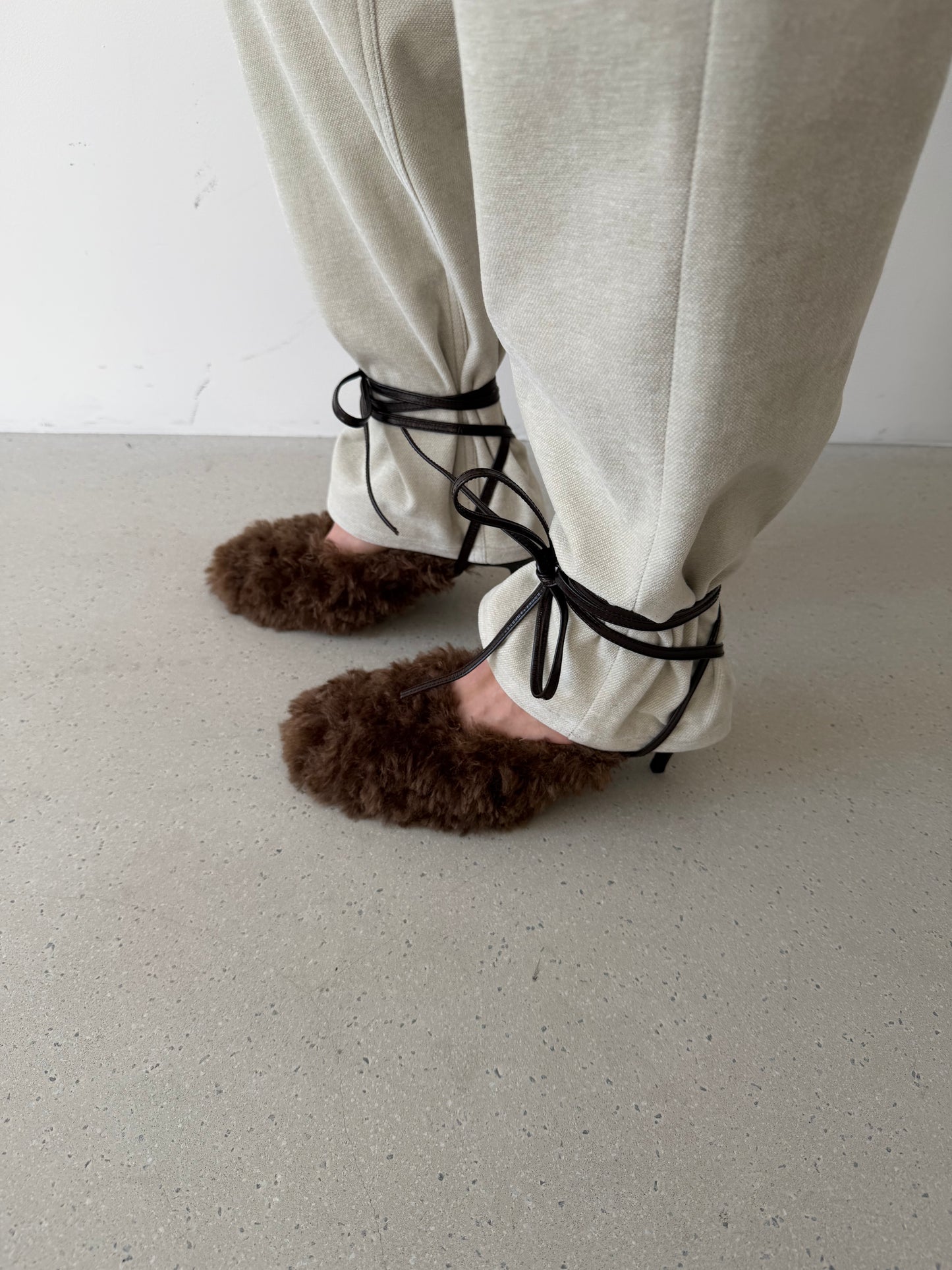 Fluffy Lace-up Mules - Chocolate