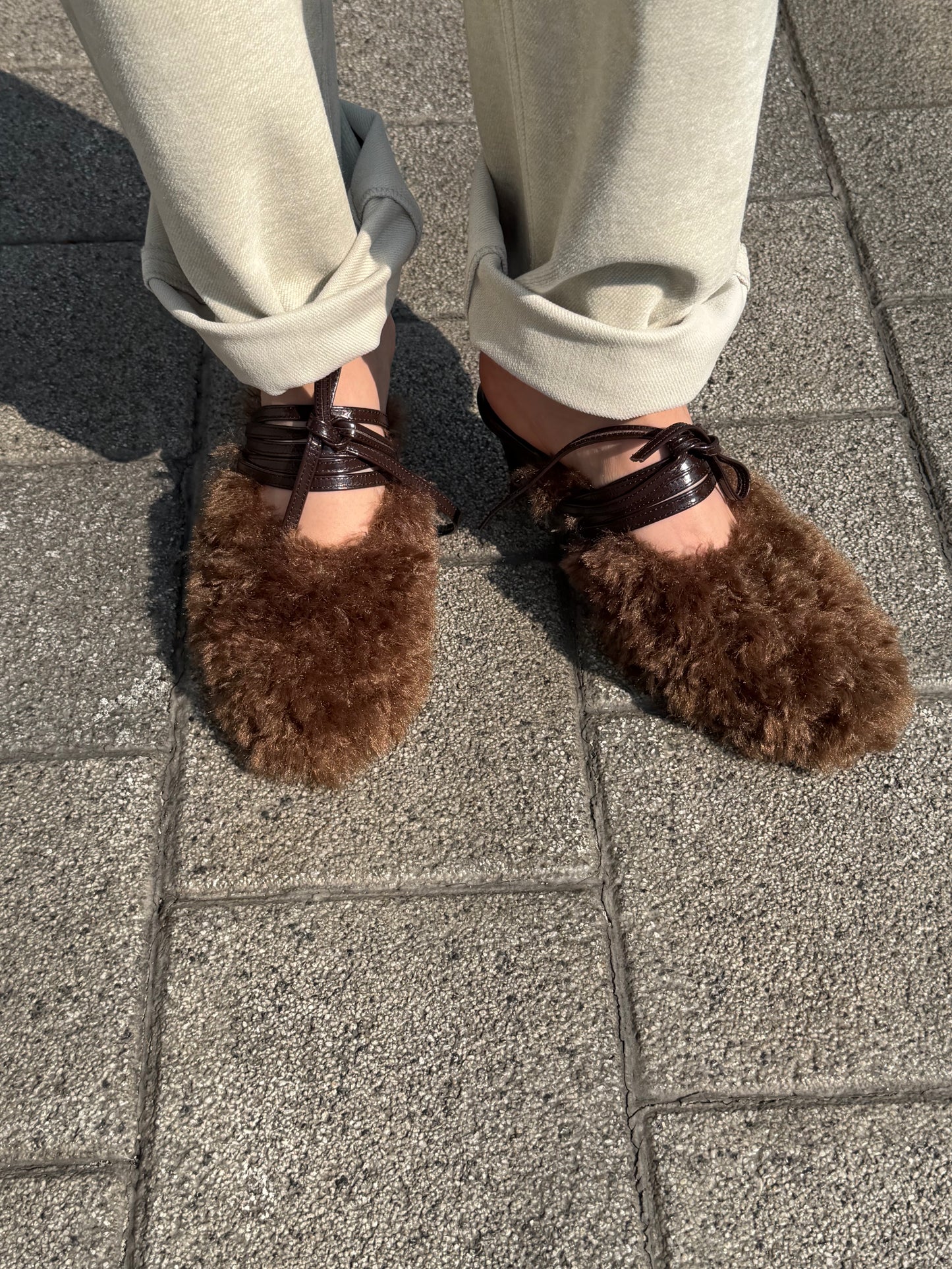 Fluffy Lace-up Mules - Chocolate