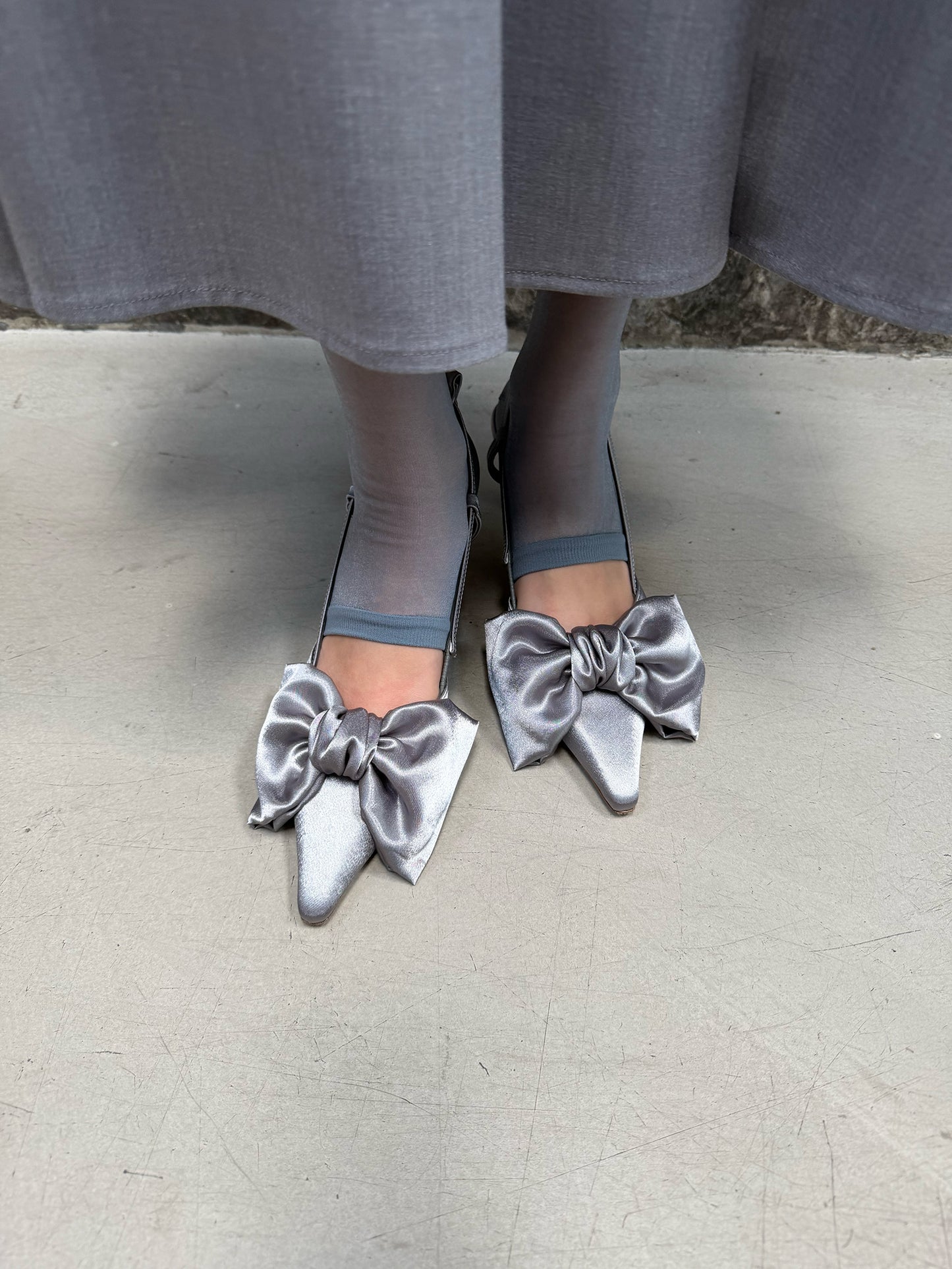 Ribbon Lace Up Slingback Satin - Steel Gray