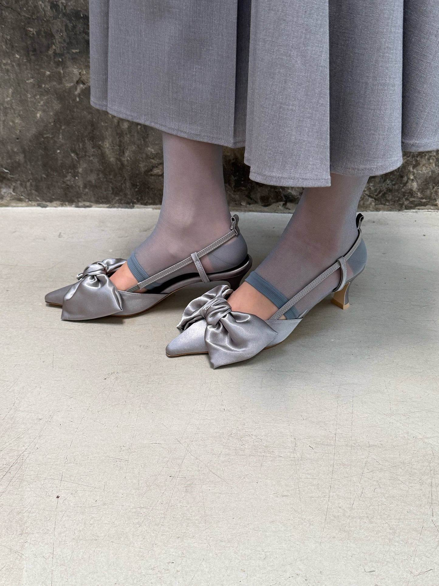 Ribbon Lace Up Slingback Satin - Steel Gray