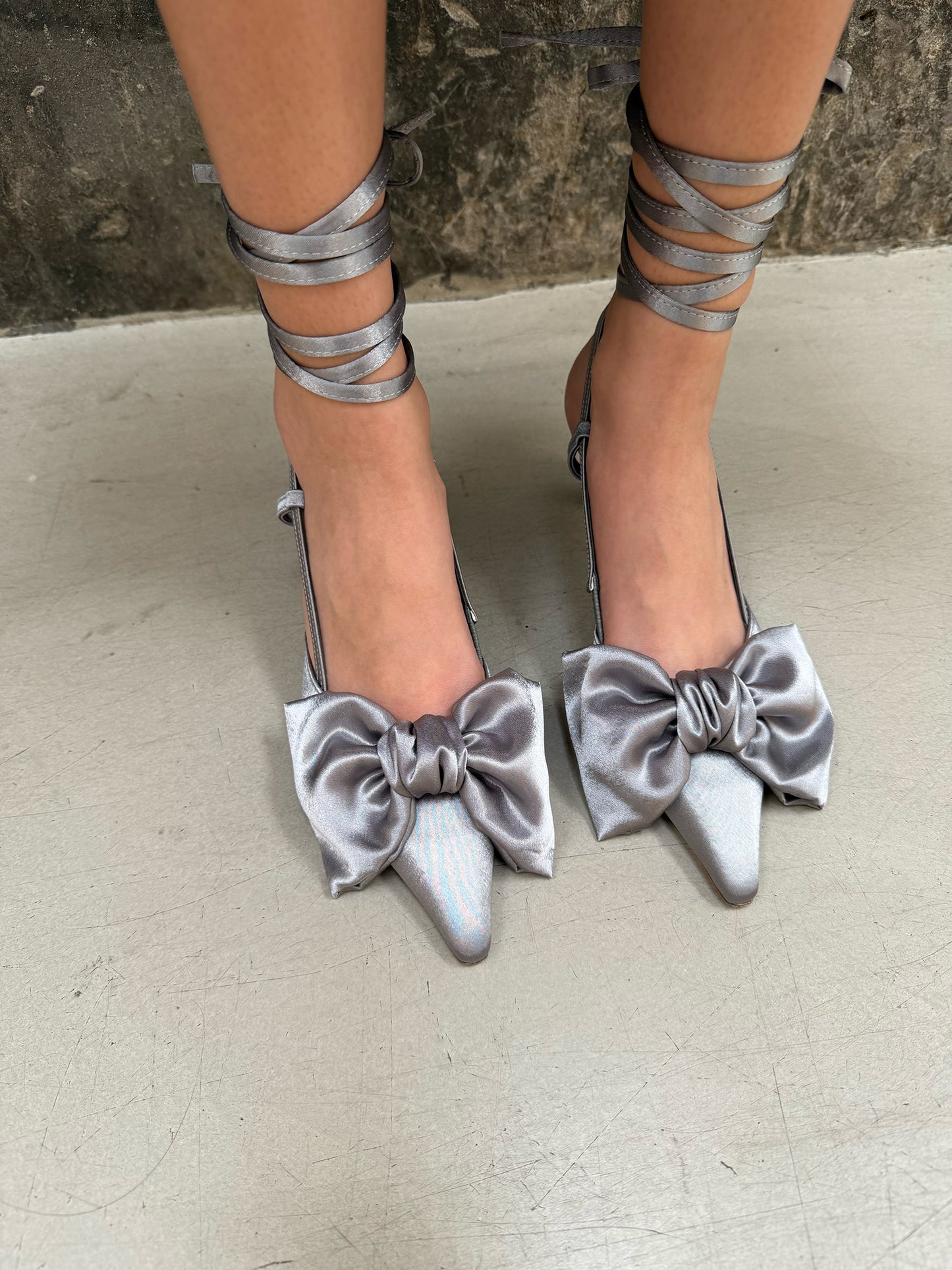 Ribbon Lace Up Slingback Satin - Steel Gray
