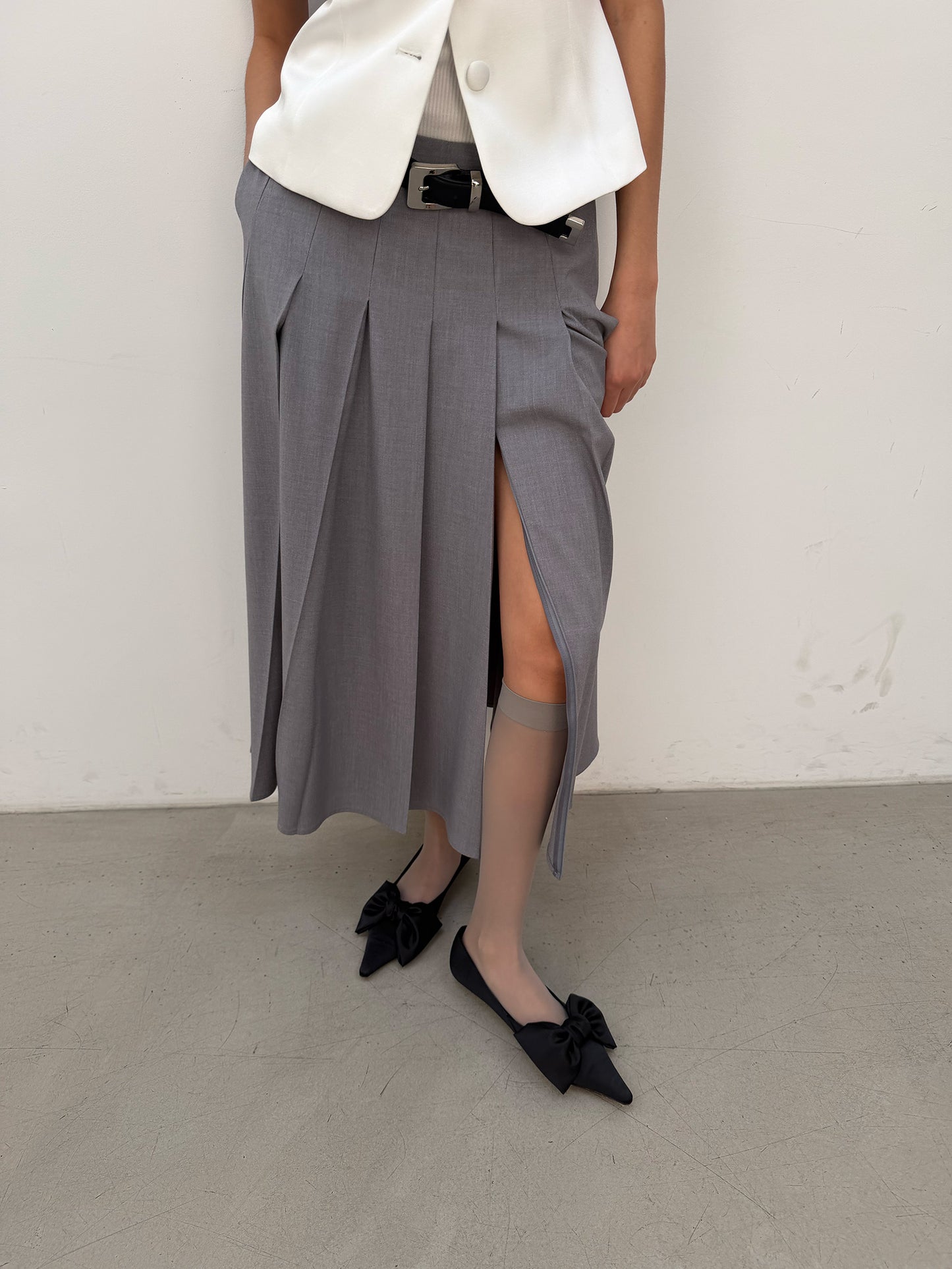 Pleated Uniform Midi Skirt - Preppy Gray