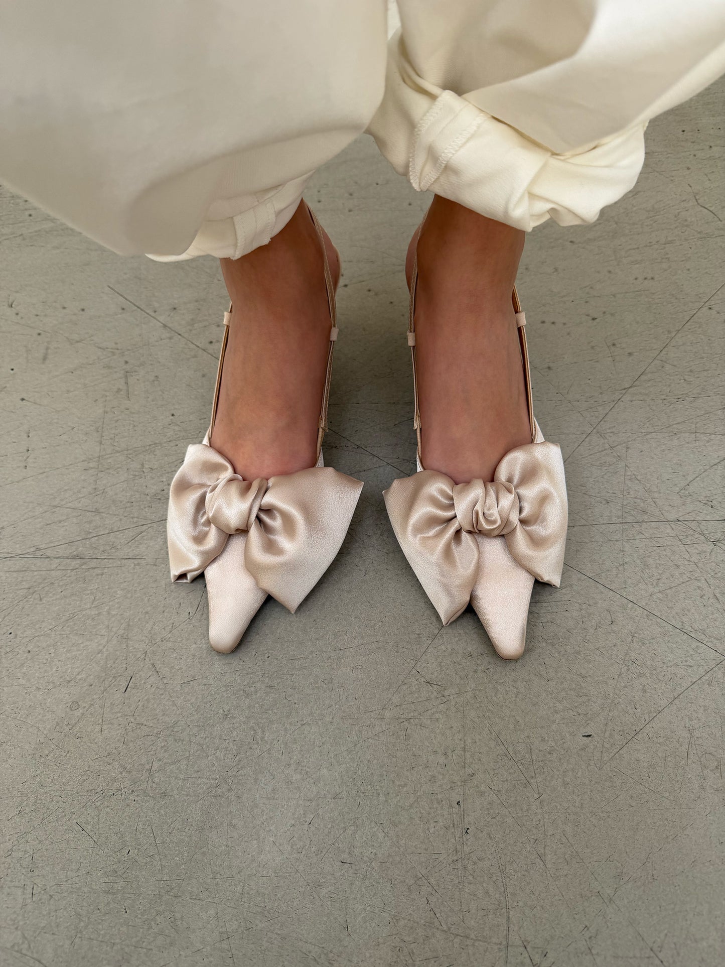 Ribbon Lace Up Slingback Satin - Champagne Gold