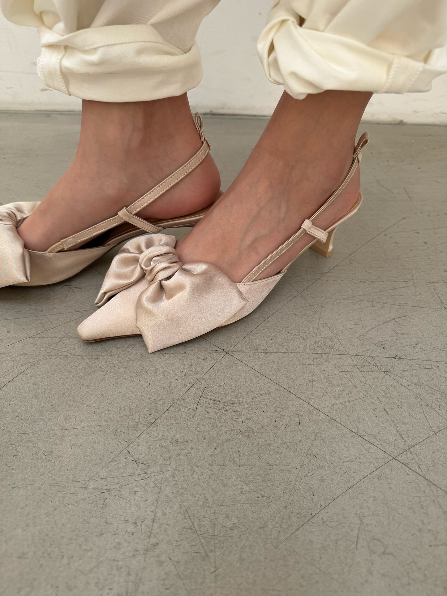 Ribbon Lace Up Slingback Satin - Champagne Gold