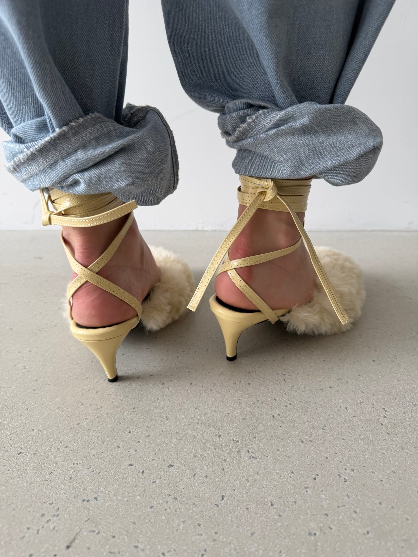 Fluffy Lace-up Mules - Butter