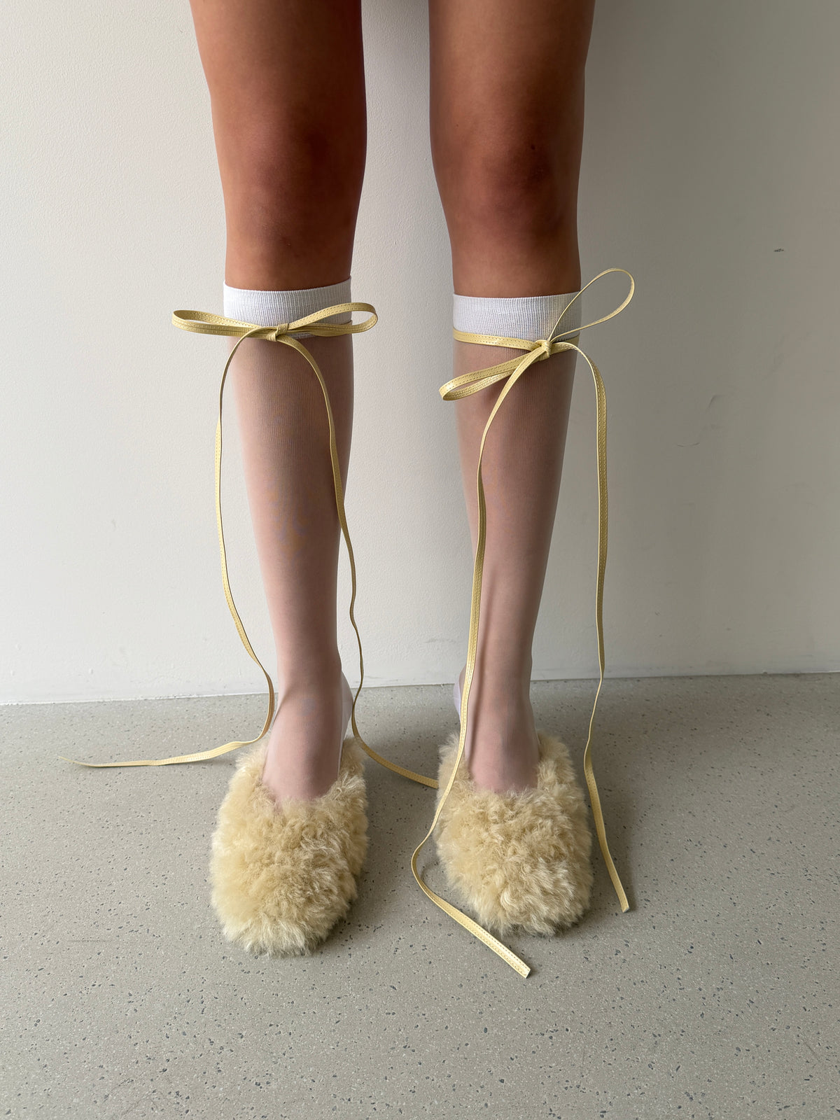 Fluffy Lace-up Mules - Butter