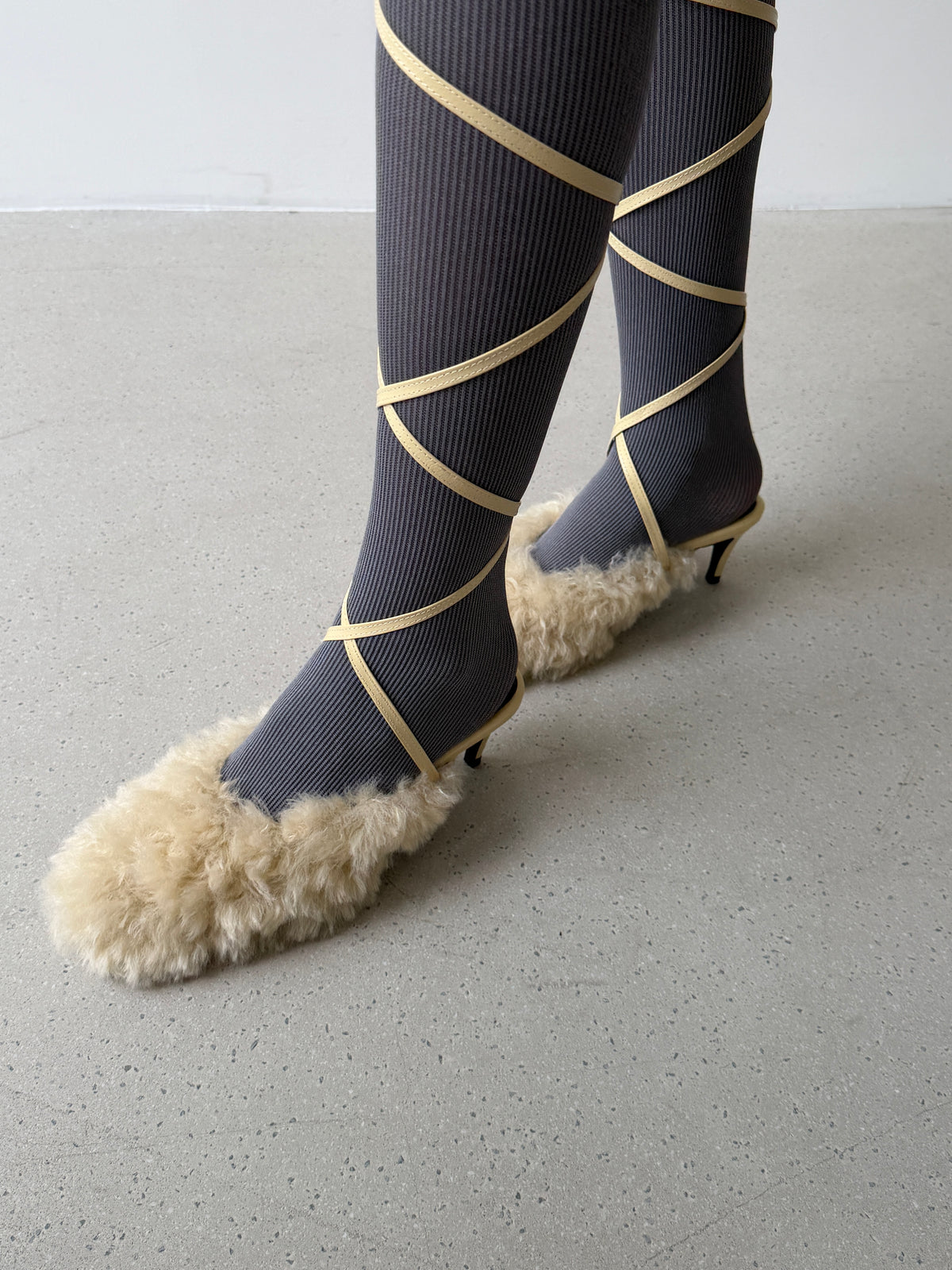 Fluffy Lace-up Mules - Butter