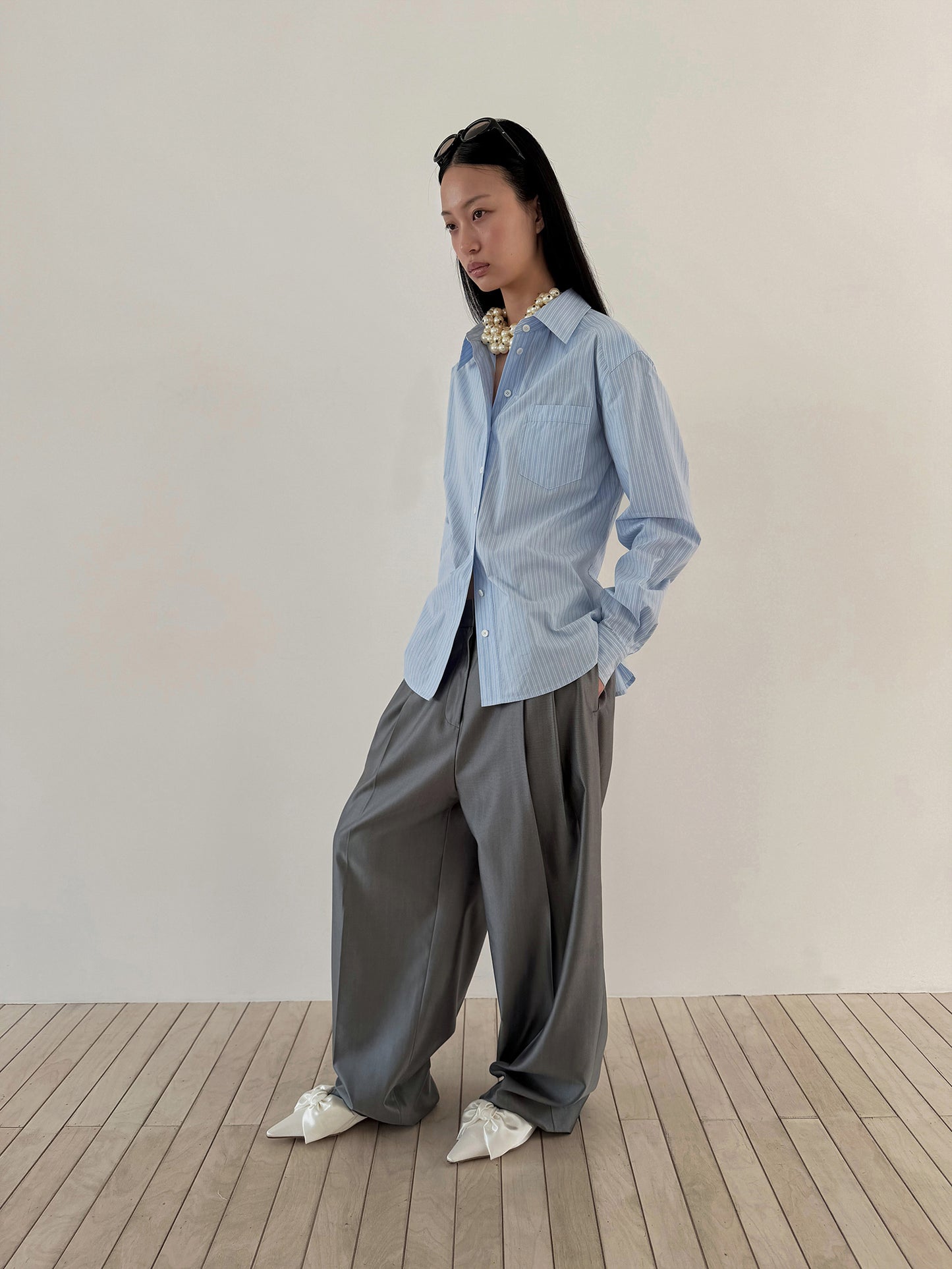 TIE BACK COTTON SHIRT - STRIPE BLUE
