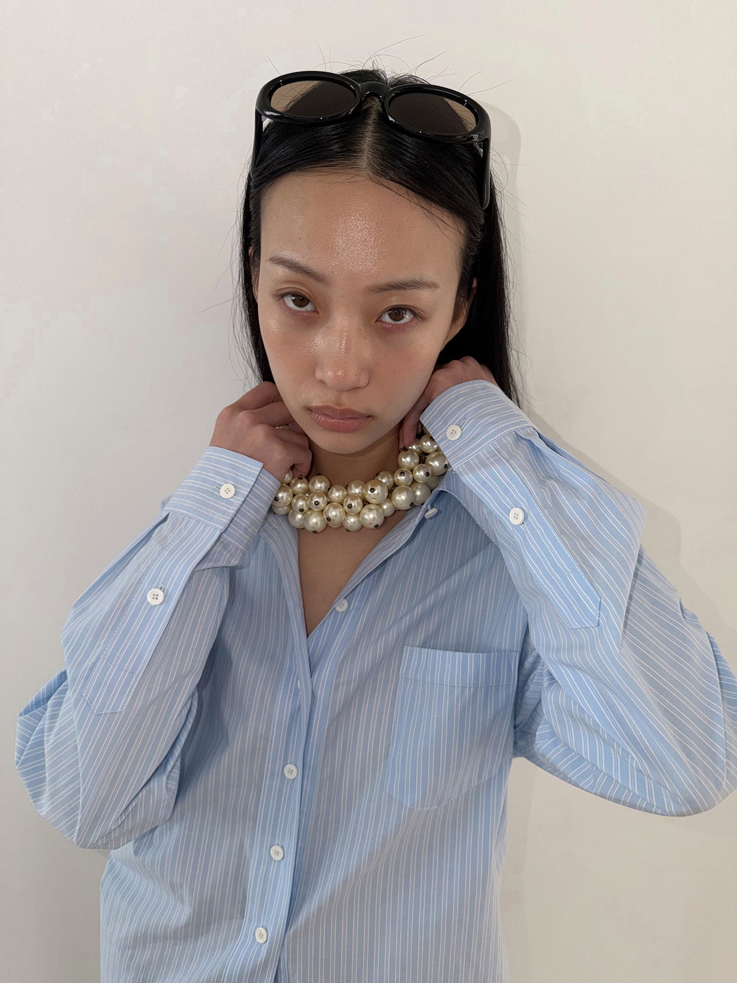 TIE BACK COTTON SHIRT - STRIPE BLUE