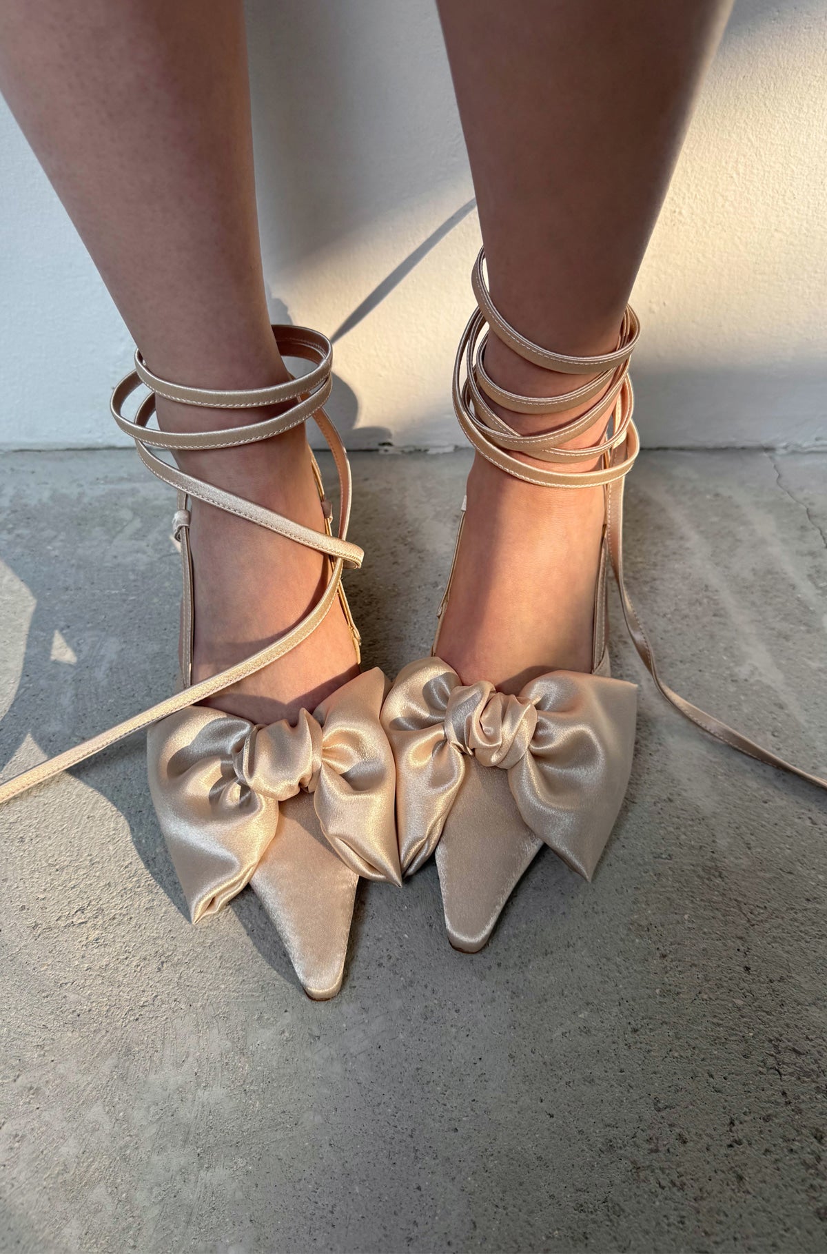 Ribbon Lace Up Slingback Satin - Champagne Gold