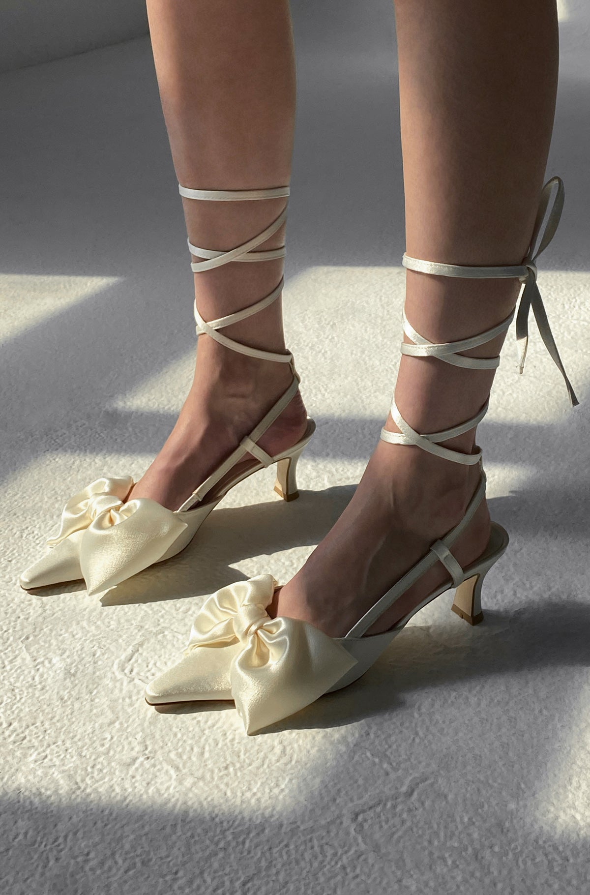 Ribbon Lace Up Slingback Satin - Ivory