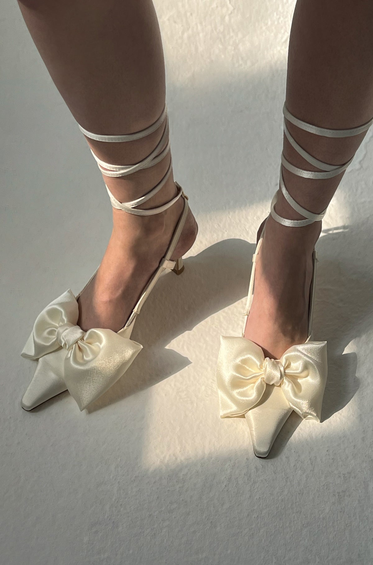 Ribbon Lace Up Slingback Satin - Ivory
