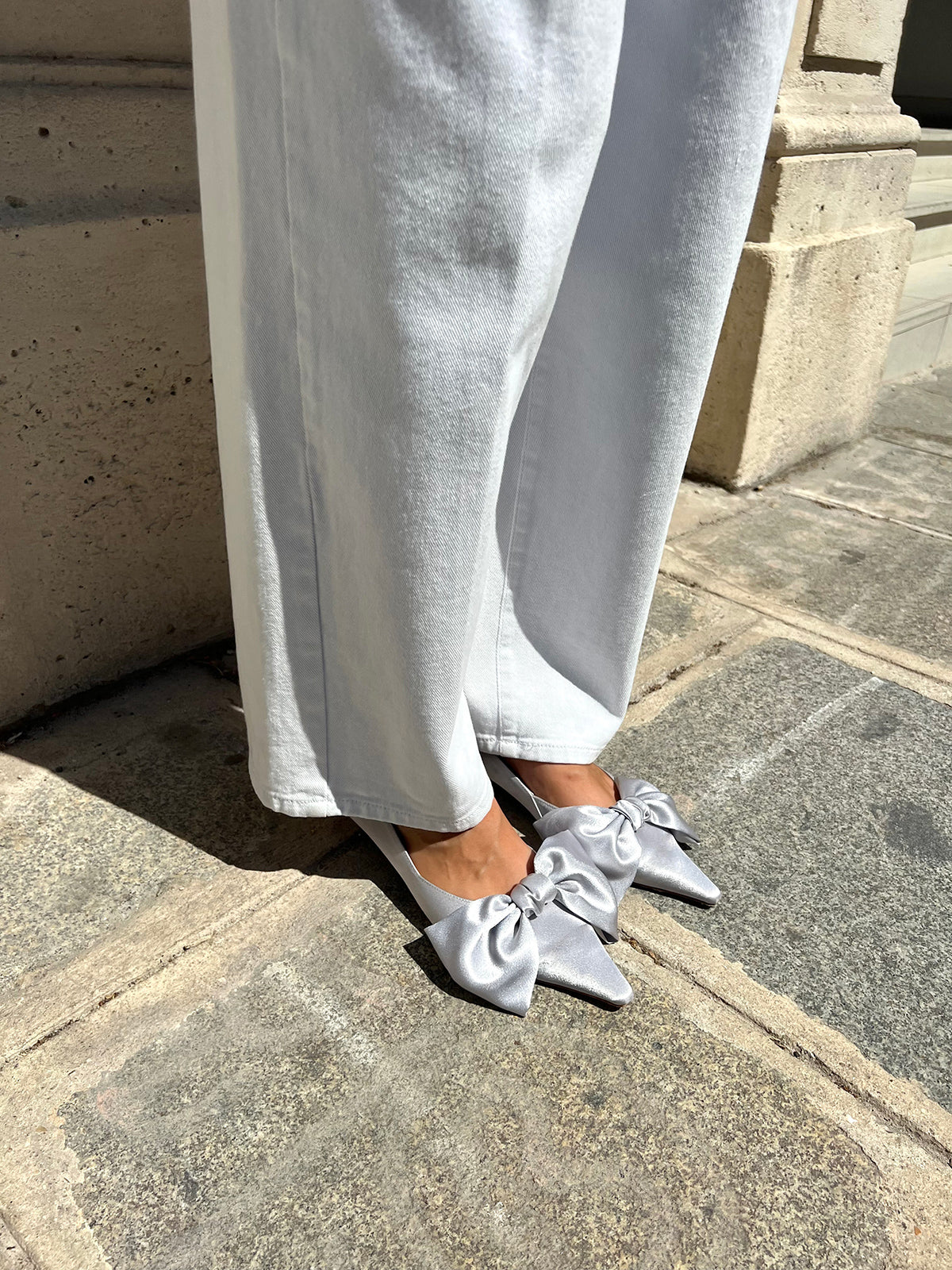 Ribbon Lace Up Pumps Satin - Silver Gray