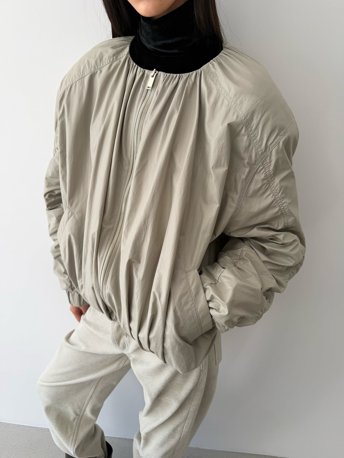 Scrunch Bomber Jacket - Taupe Beige