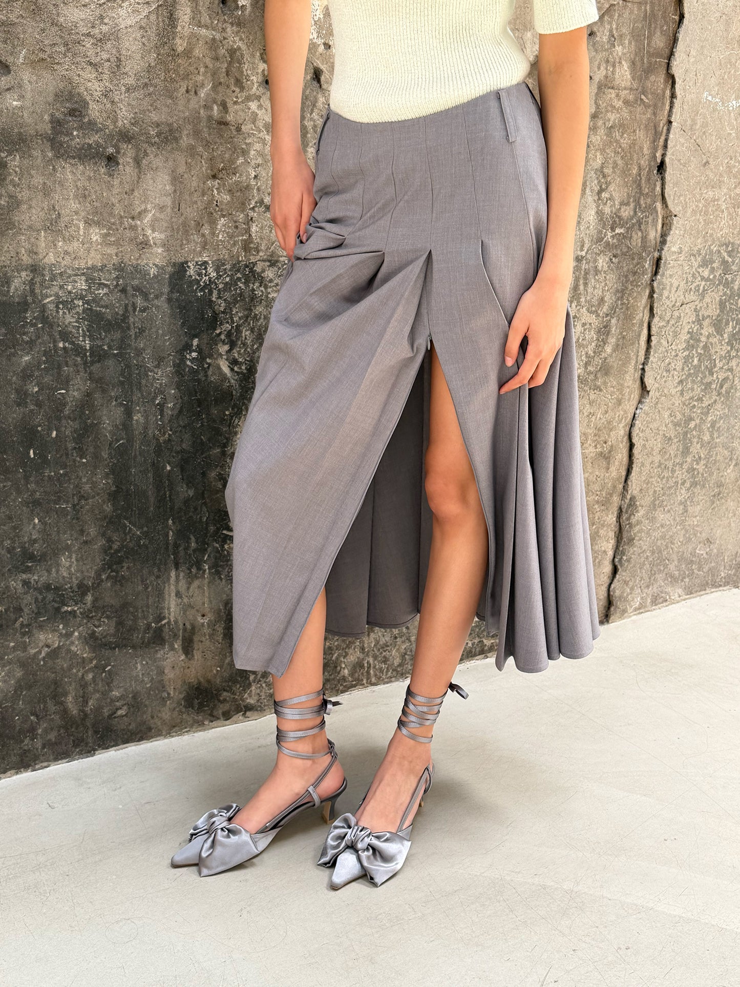 Ribbon Lace Up Slingback Satin - Steel Gray