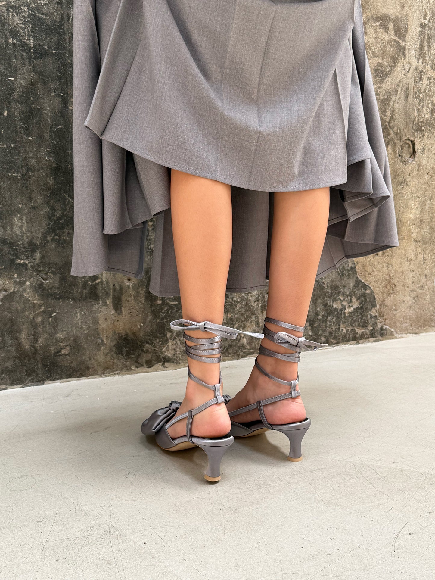 Ribbon Lace Up Slingback Satin - Steel Gray