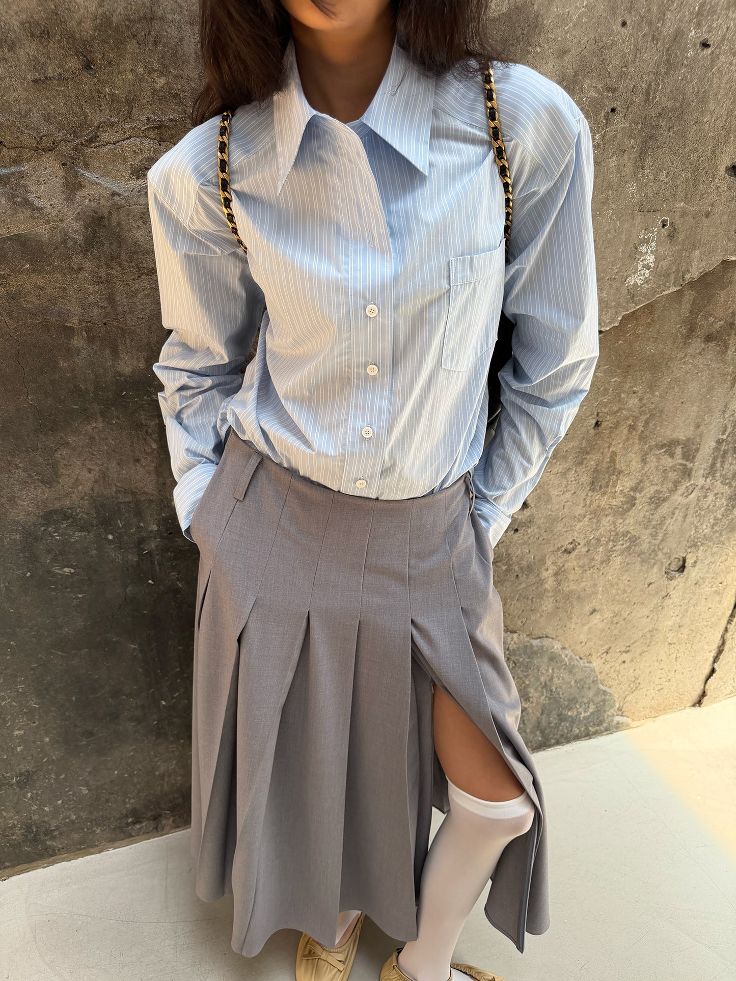 Pleated Uniform Midi Skirt - Preppy Gray