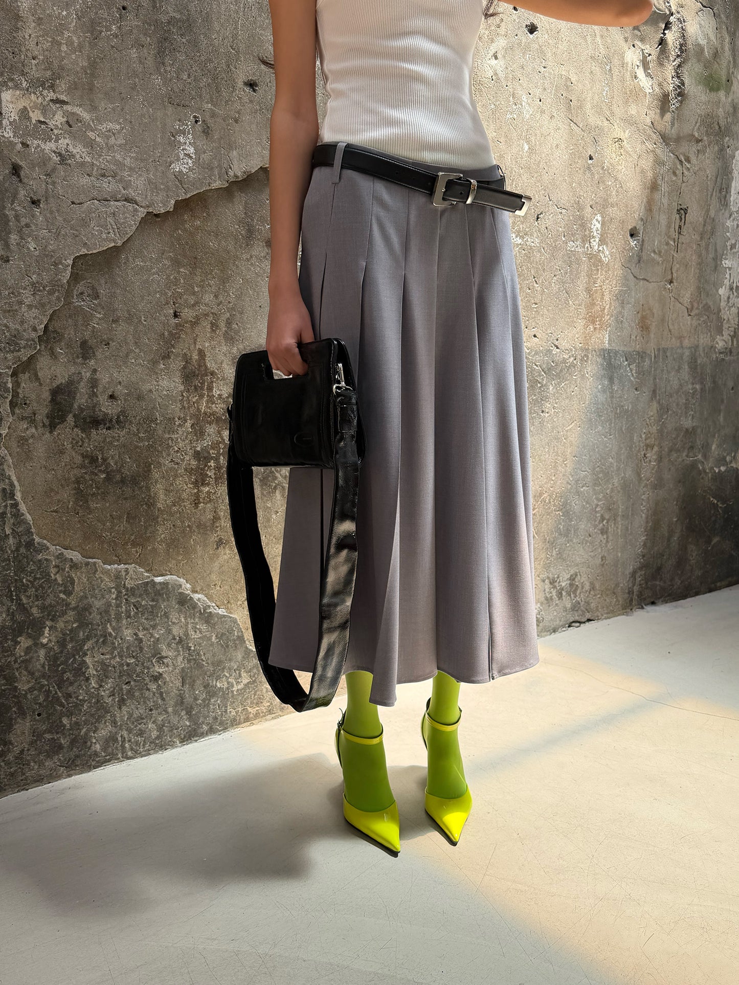 Pleated Uniform Midi Skirt - Preppy Gray