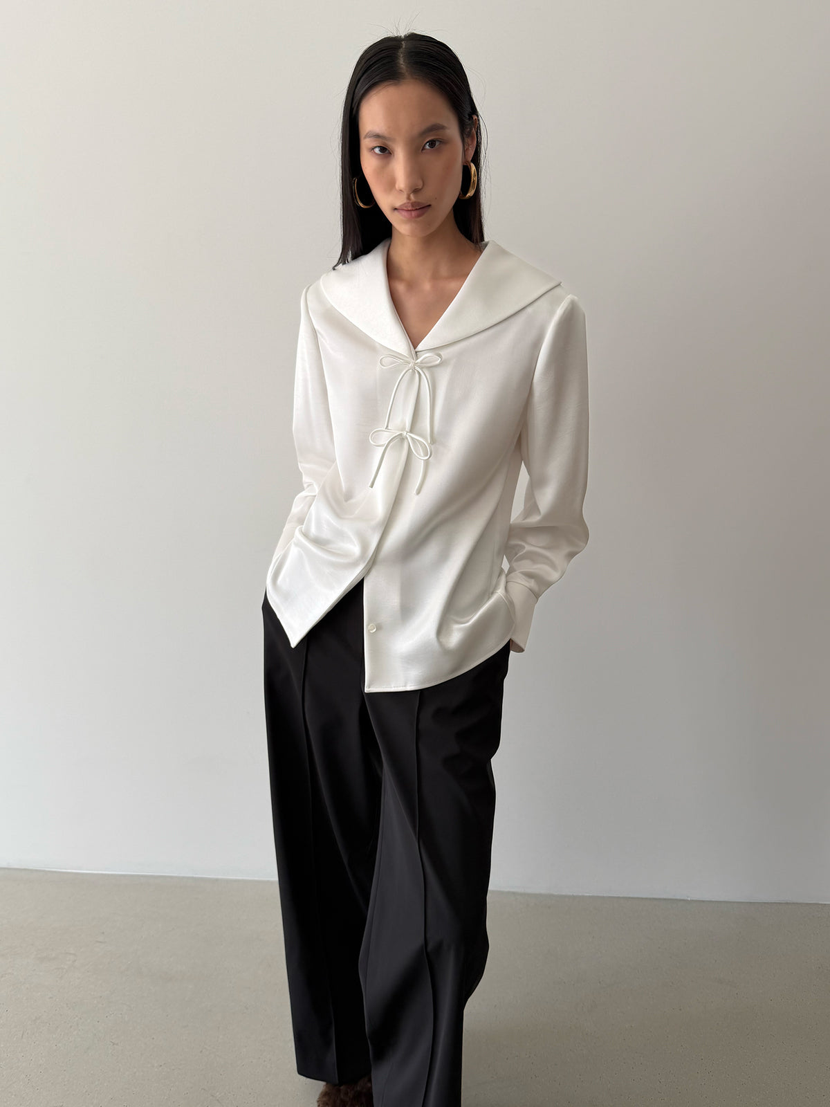 TIE MIDDY BLOUSE - SATIN IVORY