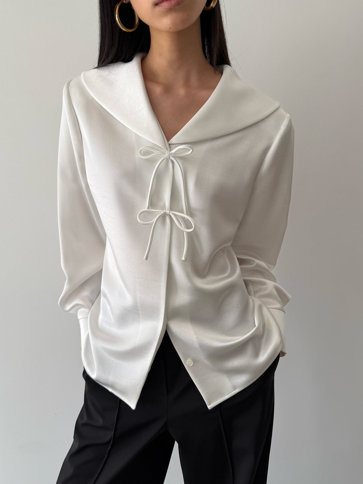 TIE MIDDY BLOUSE - SATIN IVORY