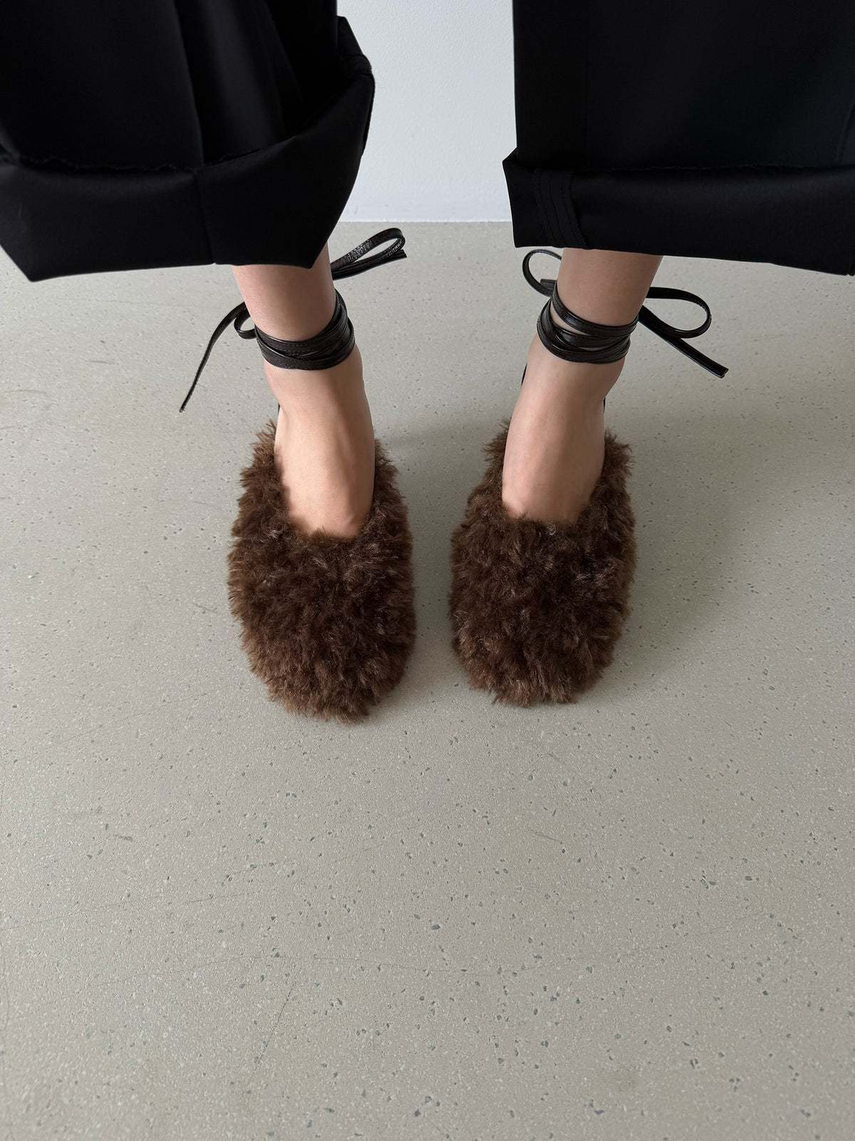 Fluffy Lace-up Mules - Chocolate