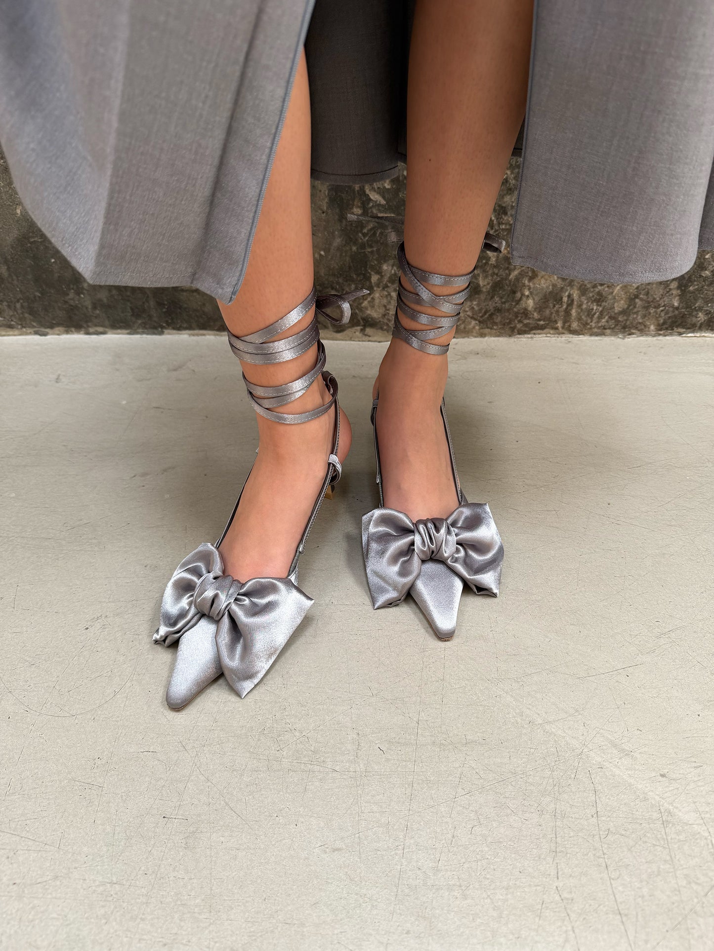 Ribbon Lace Up Slingback Satin - Steel Gray