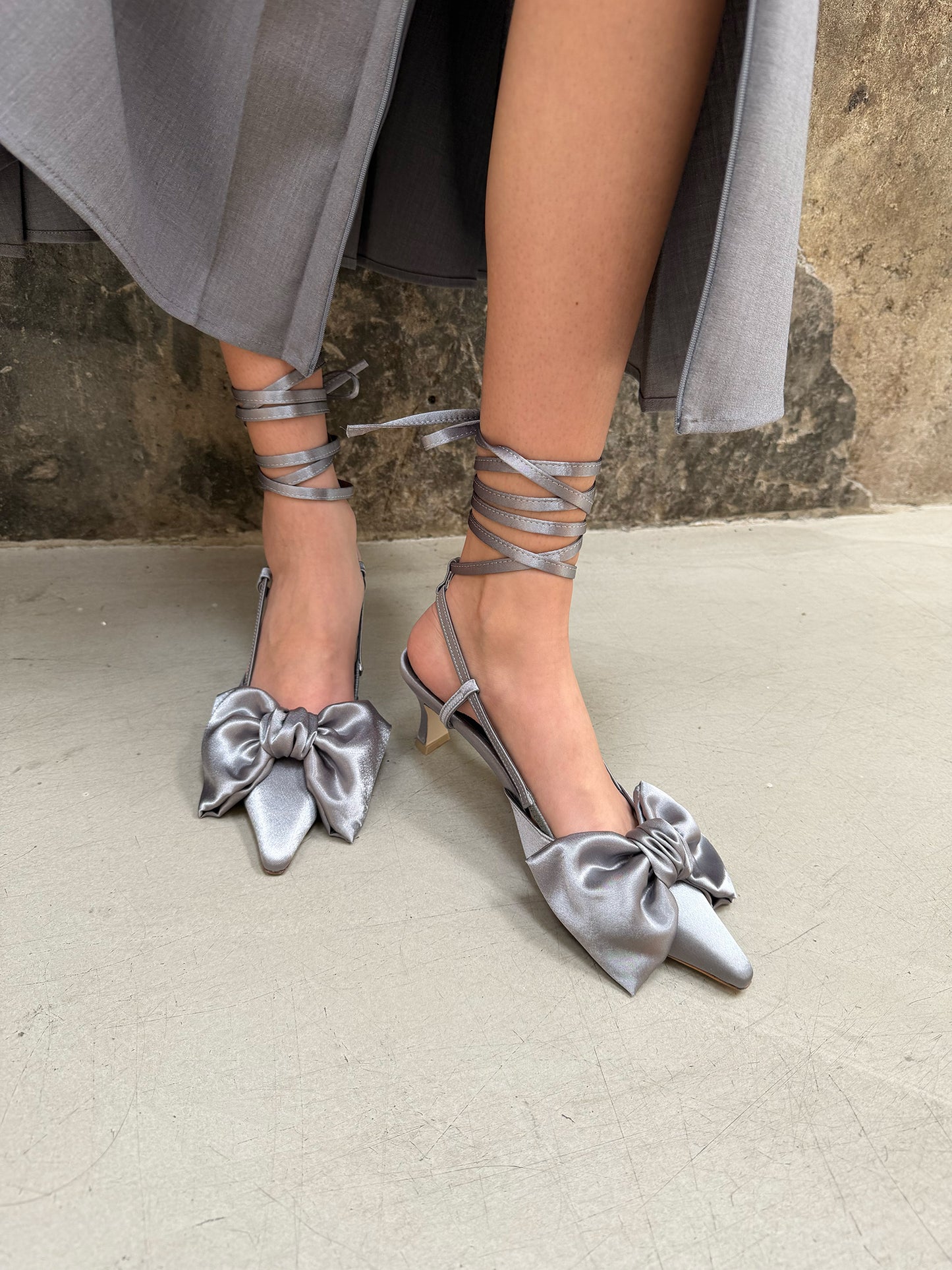 Ribbon Lace Up Slingback Satin - Steel Gray