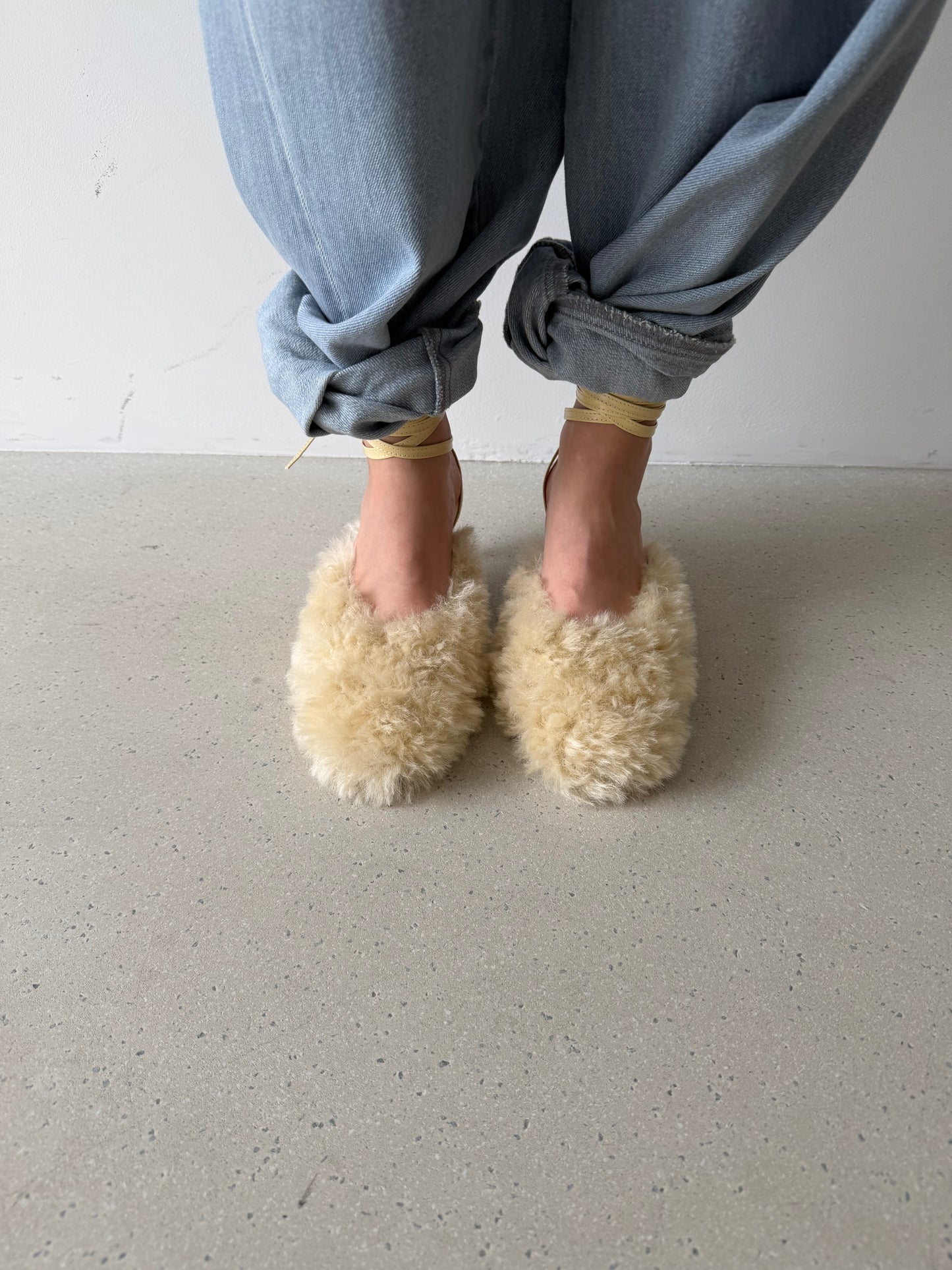 Fluffy Lace-up Mules - Butter