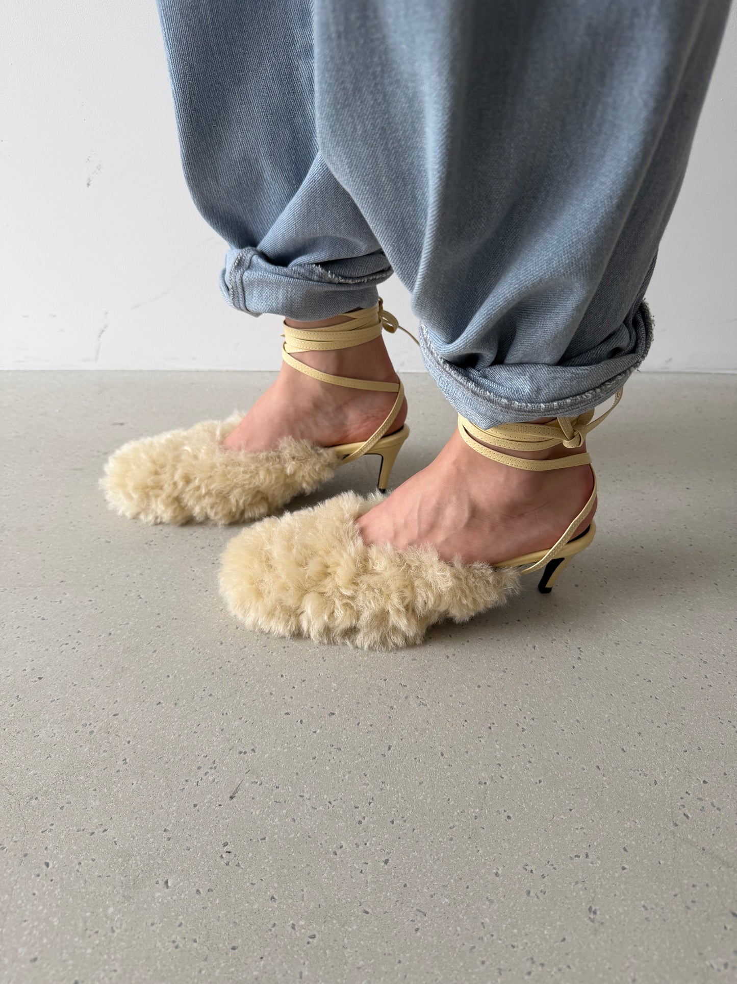 Fluffy Lace-up Mules - Butter