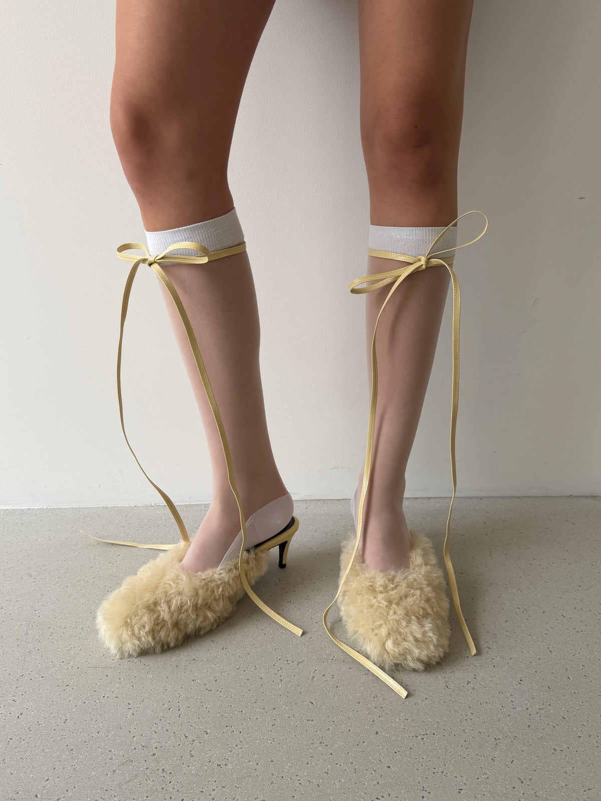 Fluffy Lace-up Mules - Butter