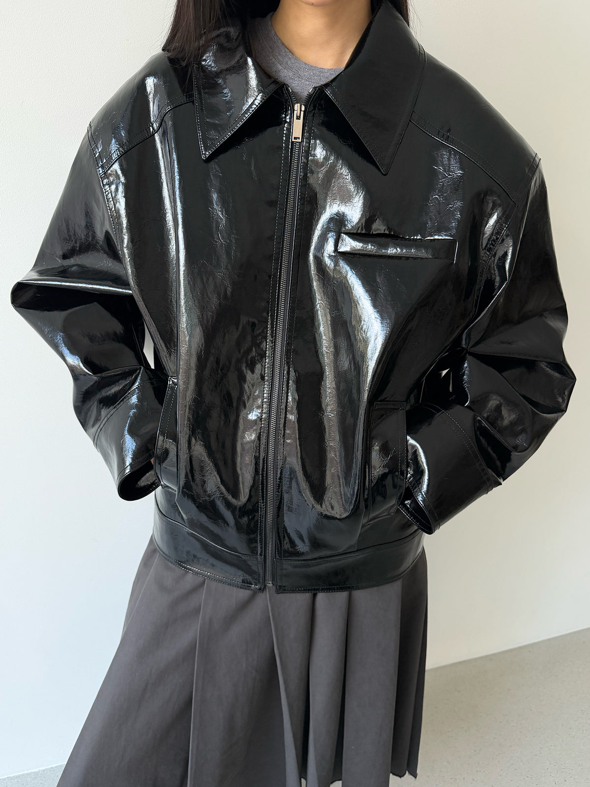 HYBRID ZIP-UP JACKET - GLOSSY BLACK