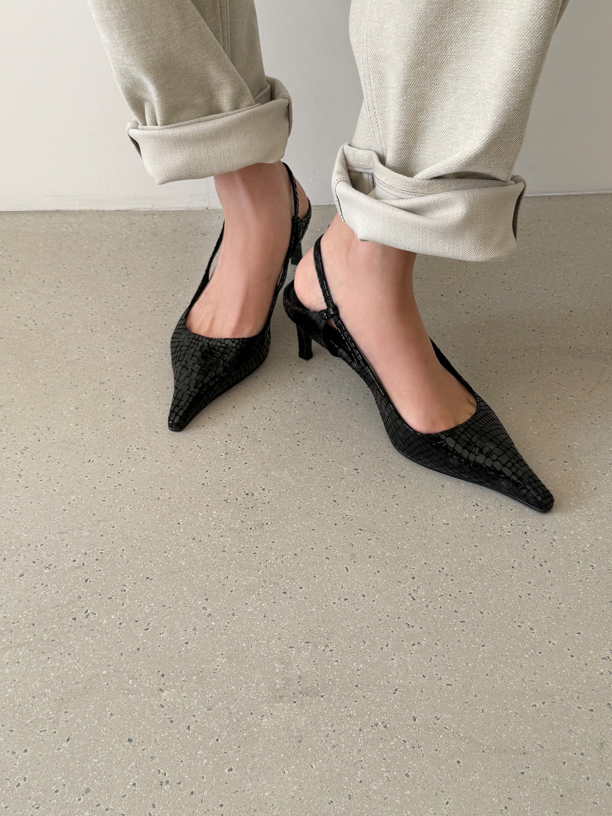 Lady Slingback Pumps - Croco Black