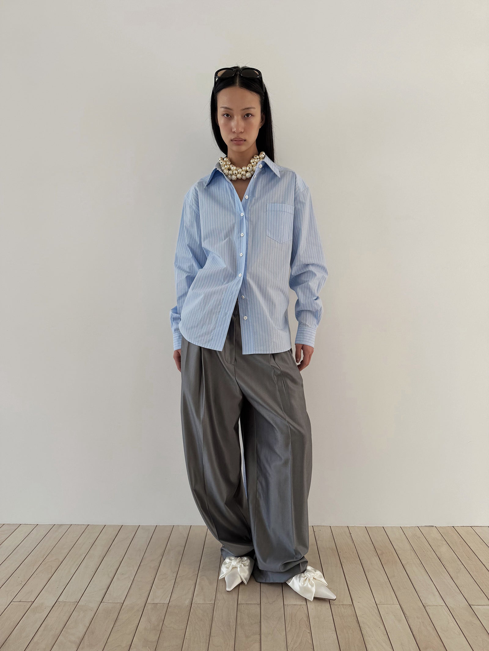 TIE BACK COTTON SHIRT - STRIPE BLUE