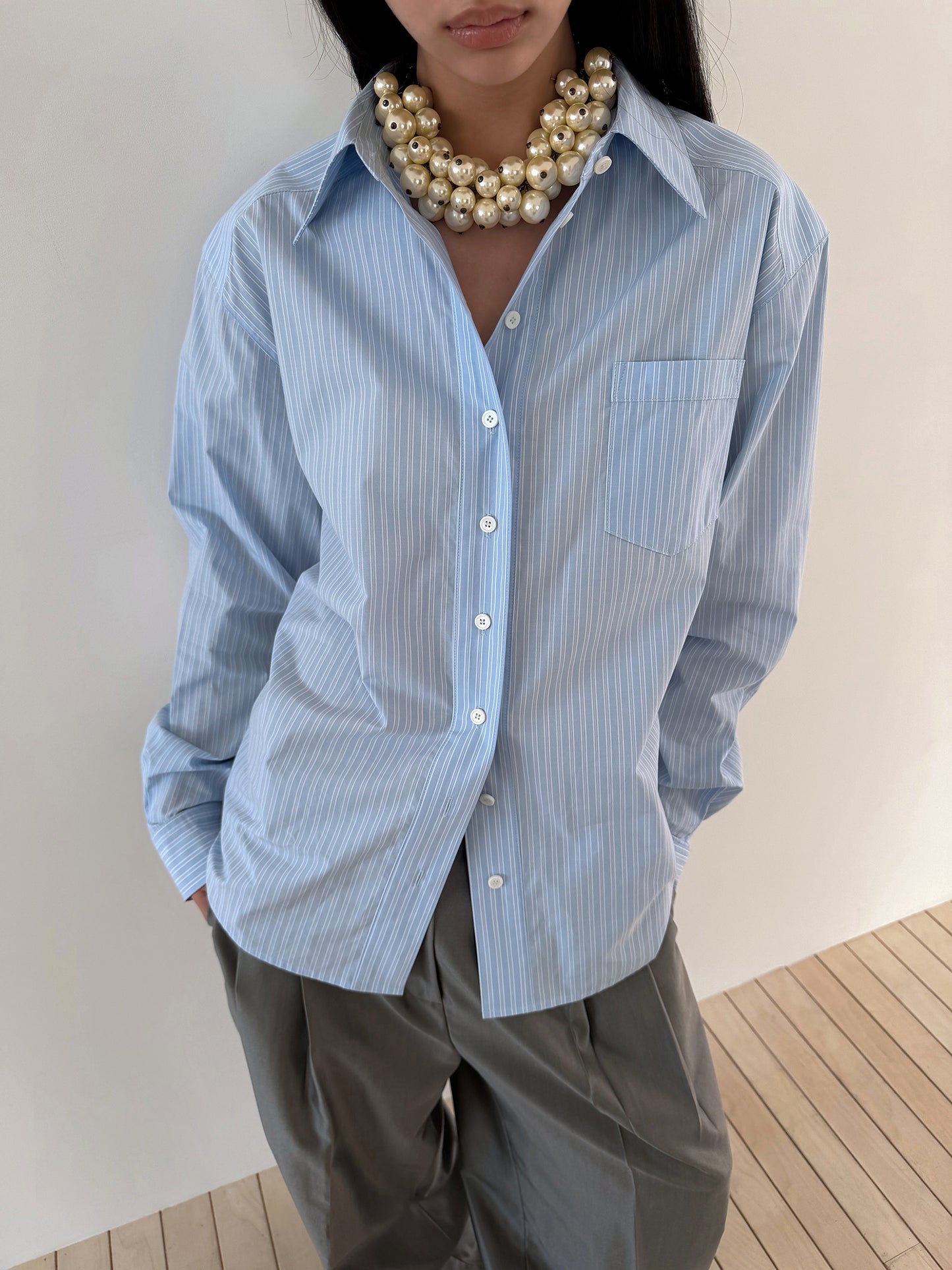 TIE BACK COTTON SHIRT - STRIPE BLUE