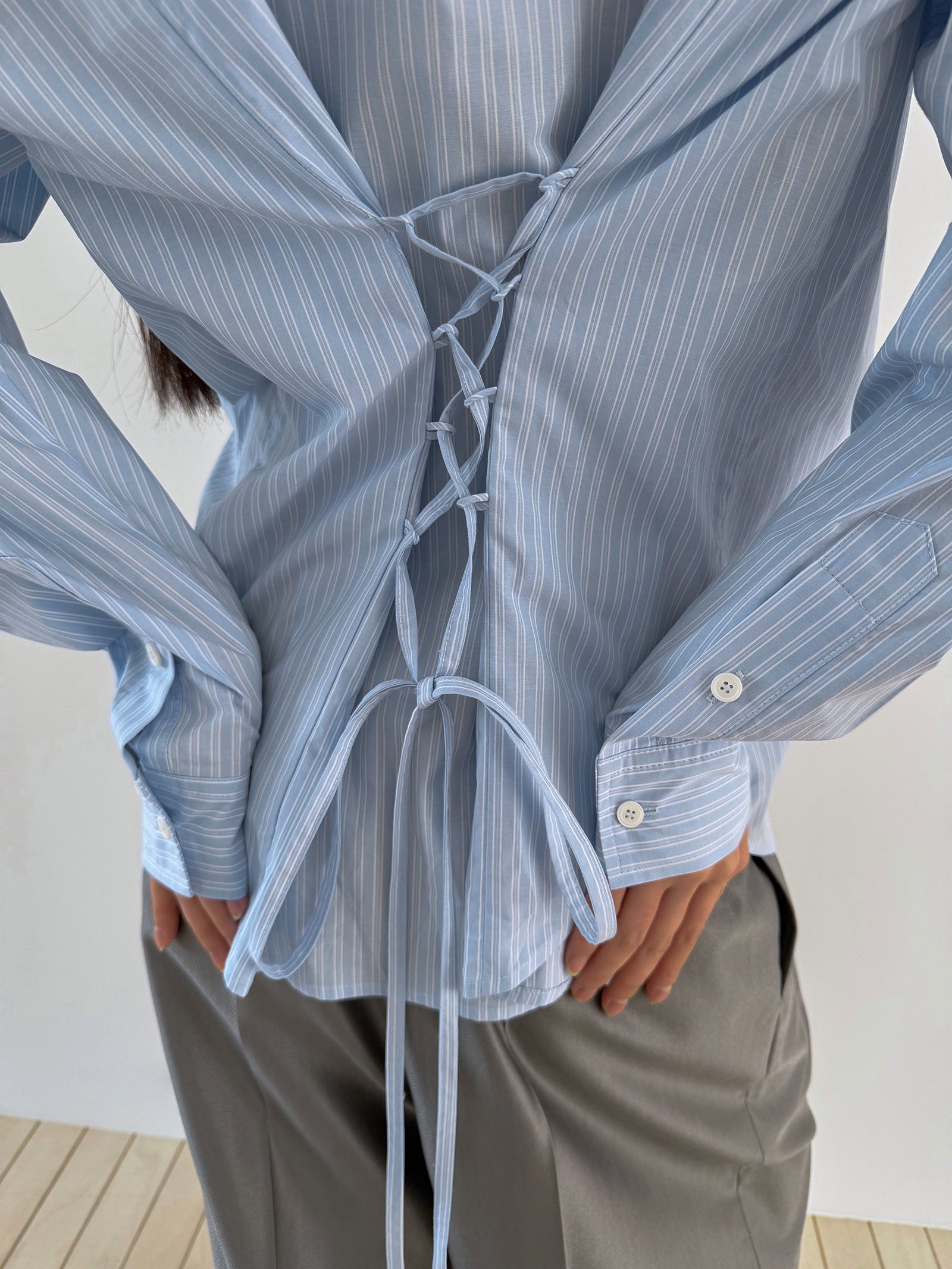 TIE BACK COTTON SHIRT - STRIPE BLUE