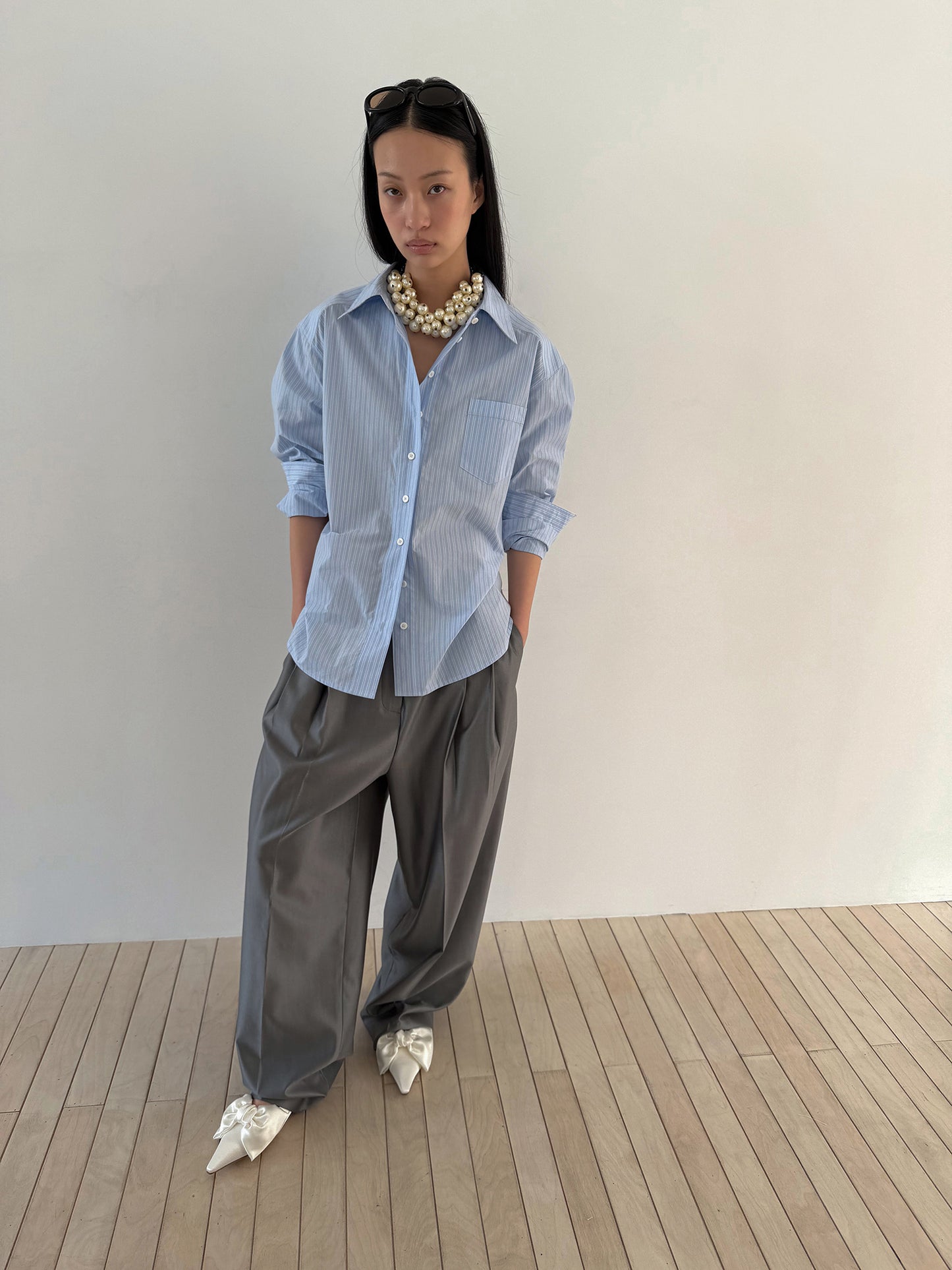 TIE BACK COTTON SHIRT - STRIPE BLUE