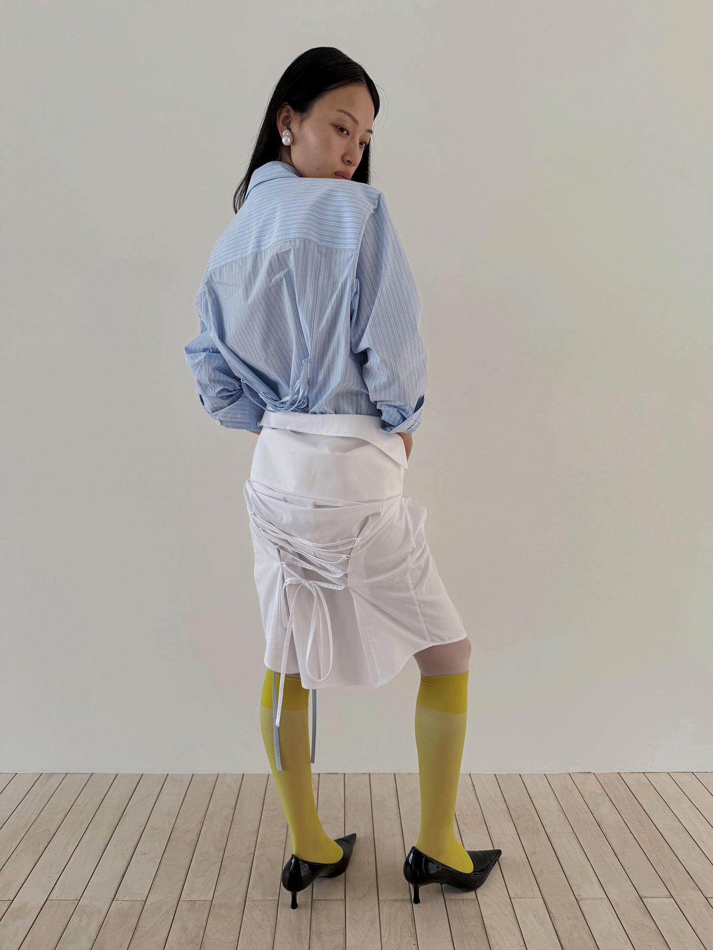 TIE BACK COTTON SHIRT - STRIPE BLUE