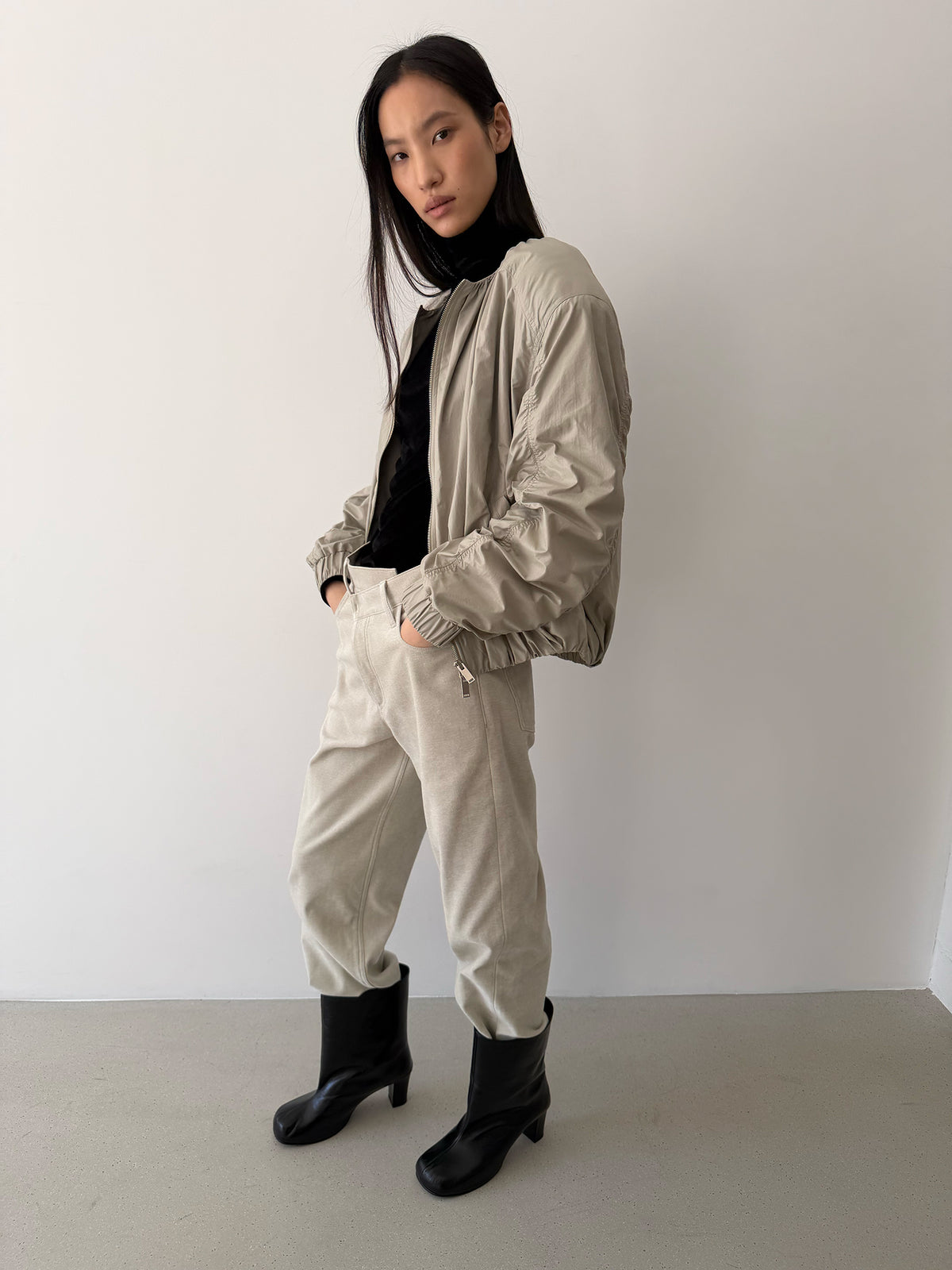 Scrunch Bomber Jacket - Taupe Beige