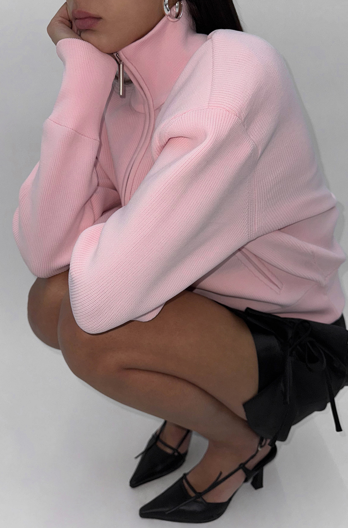 하이넥 봄버 집업 자켓 - 베이비 핑크